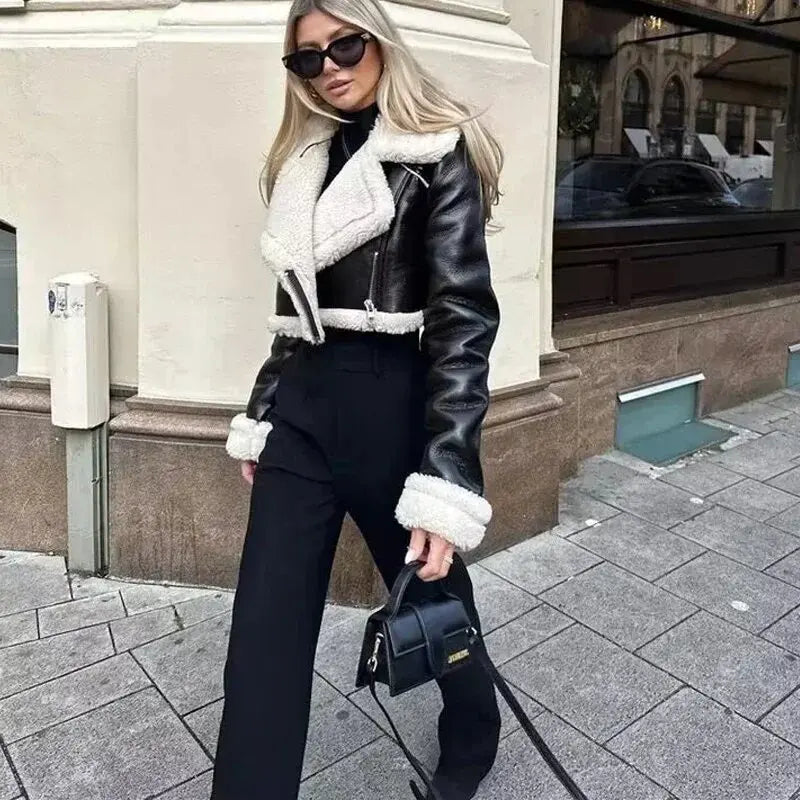 NOIRÉLLE™ Cropped Leather & Wool Jacket