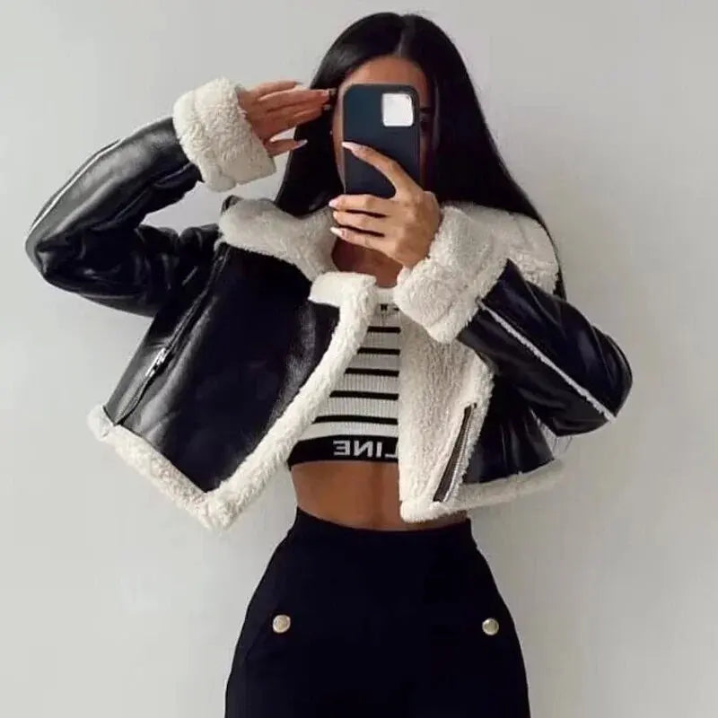 NOIRÉLLE™ Cropped Leather & Wool Jacket