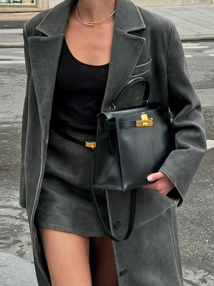 VÉLORIA™  Grey Leather Long Coat