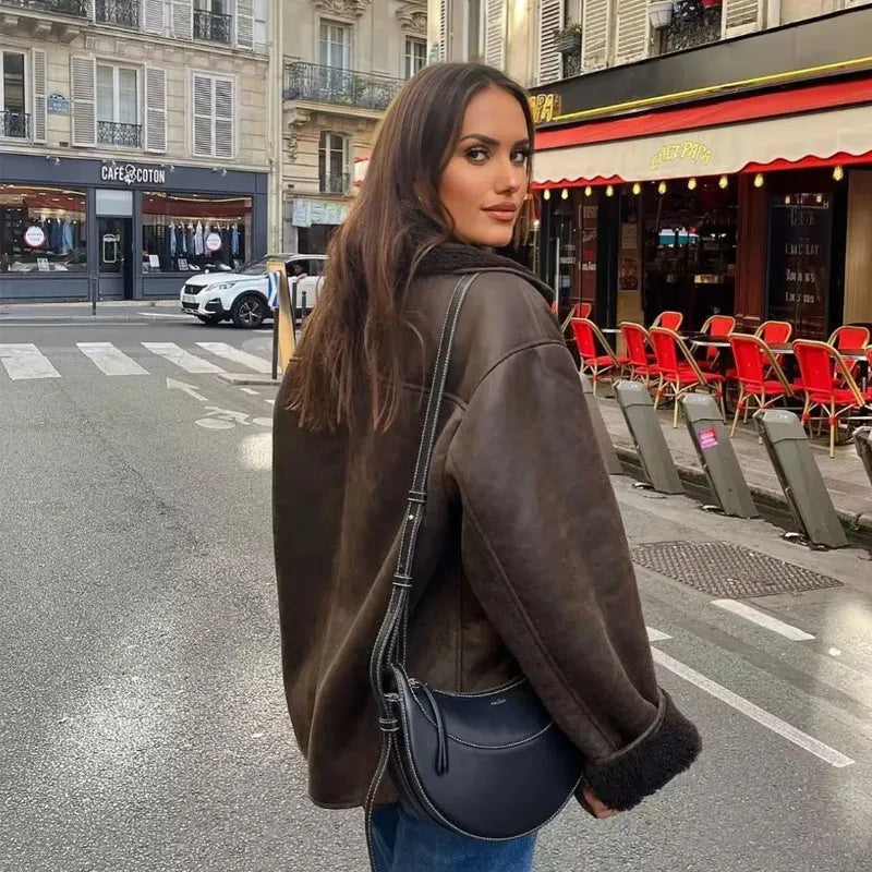 ZAVERRA™ Oversized Faux Leather Bomber Jacket