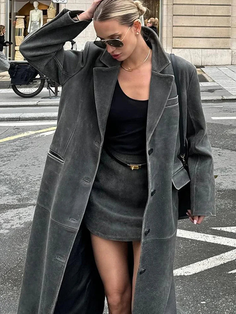 VÉLORIA™  Grey Leather Long Coat